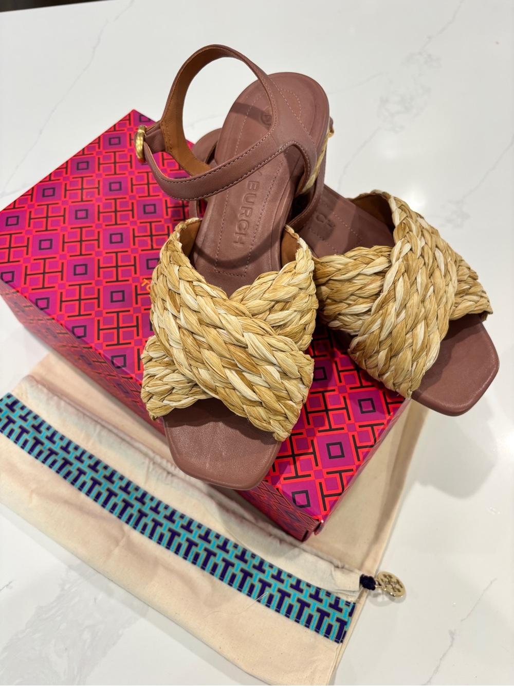 Tory Burch Kira Braided Raffia Slide Sandals with Mauve Leather Strap Size 8.5. - Picture 2 of 11